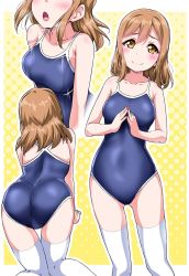 Rule 34 | 1girl, all fours, ass, blue one-piece swimsuit, blush, bouncing breasts, breasts, brown hair, collarbone, commentary request, competition school swimsuit, gluteal fold, halftone, halftone background, head out of frame, highres, kunikida hanamaru, logo, looking at viewer, love live!, love live! sunshine!!, multiple views, one-piece swimsuit, open mouth, outline, school swimsuit, smile, steepled fingers, swimsuit, thighhighs, wet, white outline, white thighhighs, yellow background, yellow eyes, yopparai oni