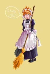 1boy alternate_costume apron black_dress blue_eyes blush broom collared_dress crossdressing dress english_text enmaided frilled_apron frills gloves highres holding holding_broom kingdom_hearts kingdom_hearts_ii maid maid_apron maid_headdress male_focus male_maid mary_janes open_mouth roxas shoes short_hair speech_bubble spiked_hair sweatdrop white_apron white_gloves yomyompi