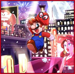 Rule 34 | 1boy, arm up, billboard, brown hair, building, cappy (mario), coin, donkey kong, donkey kong (series), dress, earrings, facial hair, fireworks, gloves, grin, hat, hoshi (star-name2000), jewelry, jumping, light, lipstick, makeup, mario, mario (series), mustache, night, nintendo, one eye closed, open mouth, overalls, pauline (mario), red dress, smile, super mario odyssey, wink