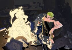 Rule 34 | 2boys, acgn0621, beer can, black pants, bottle, can, cloud hair, drink can, gear fifth, green hair, highres, holding, holding can, illumination, looking at another, male focus, messy room, monkey d. luffy, multiple boys, one piece, pants, pizza box, roronoa zoro, short hair, shorts, sideburns, sitting, smile, spoilers, white hair