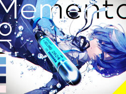 Rule 34 | 1boy, air bubble, black jacket, black ribbon, blue eyes, blue hair, bubble, chromatic aberration, collared shirt, color guide, commentary, digital media player, expressionless, falling, glint, hair between eyes, headphones, headphones around neck, highres, jacket, latin text, long sleeves, looking at viewer, male focus, nagomaru, parted lips, persona, persona 3, persona 3 reload, ribbon, shirt, short hair, simple background, solo, two-tone background, underwater, white background, white shirt, wing collar, yellow background, yuuki makoto (persona 3)
