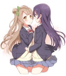 Rule 34 | 10s, 2girls, bad id, bad twitter id, blazer, blue hair, brown hair, cora stt, cropped legs, eye contact, face-to-face, hand on own chest, jacket, long sleeves, looking at another, love live!, love live! school idol project, minami kotori, multiple girls, school uniform, simple background, skirt, sonoda umi, staring, sweater, white background, yellow eyes, yuri