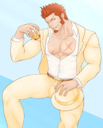 Rule 34 | 1boy, abs, alcohol, bara, beard, belt, belt buckle, blazer, blue eyes, brown belt, brown hair, buckle, commentary request, drink, facial hair, fate/grand order, fate (series), hat, highres, ice, ice cube, jacket, large pectorals, long sideburns, long sleeves, looking at viewer, male focus, muscular, napoleon bonaparte (fate), official alternate costume, one eye closed, pants, pectorals, porkjinta, scar, sideburns, simple background, smile, solo, upper body, whiskey, yellow hat, yellow jacket, yellow pants