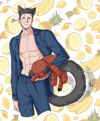 Rule 34 | 168broccoli, 1boy, abs, animal ears, banana, black hair, carrying, carrying under arm, cat boy, cat ears, cat tail, cropped legs, food, fruit, fruit background, highres, kemonomimi mode, lemon, looking at viewer, male focus, mango, mito youhei, muscular, muscular male, open clothes, pajamas, pineapple, pineapple slice, pompadour, slam dunk (series), sleepwear, solo, starfruit, stuffed animal, stuffed tiger, stuffed toy, tail, yellow eyes