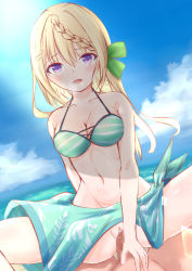 Rule 34 | 1boy, 1girl, beach, bikini, bikini top only, blonde hair, blur censor, braid, braided bangs, breasts, censored, clothed sex, commentary, cowgirl position, girl on top, green ribbon, hetero, kantai collection, long hair, medium breasts, navel, no panties, penis, perspective, perth (kancolle), purple eyes, pussy, ribbon, sarong, sarong aside, sex, spread legs, squatting cowgirl position, straddling, suzukawa sagiri, swimsuit, vaginal