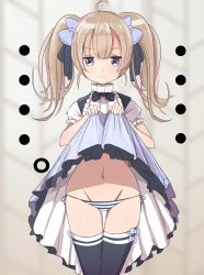 Rule 34 | 1girl, absurdres, apron, apron lift, black skirt, black thighhighs, bow, bowtie, brown hair, clothes lift, groin, hair bow, highres, lifted by self, long hair, lowleg, lowleg panties, maid, navel, original, panties, papion, ribbon, shirt, side-tie panties, skirt, skirt lift, solo, striped clothes, striped panties, thigh gap, thighhighs, twintails, underwear, white apron, white shirt