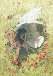 Rule 34 | 1girl, absurdres, barefoot, brown hair, dress, from above, grass, highres, original, potg (piotegu), sleeping, solo, white dress, wings