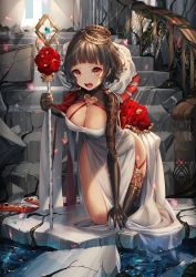 Rule 34 | 1girl, blunt bangs, breasts, brown hair, cape, cleavage, collarbone, commentary, crack, crown, crystal, dress, fang, floral print, flower, gem, hair between eyes, highres, holding, holding staff, indoors, jewelry, kneeling, large breasts, looking at viewer, mole, mole on breast, open mouth, orange eyes, original, red ribbon, ribbon, rose, ruins, short hair, shrug (clothing), single thighhigh, solo, staff, thighhighs, water, white dress, yu-ri (arium047)
