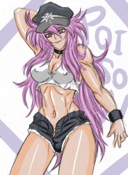 Rule 34 | 1girl, abs, arm up, bare legs, bare shoulders, breasts, capcom, choker, cleavage, crop top, cutoffs, denim, denim shorts, covered erect nipples, female focus, final fight, hat, large breasts, lips, long hair, midriff, navel, peaked cap, pink eyes, pink hair, poison (final fight), short shorts, shorts, skull and crossbones, narrow waist, solo, street fighter, tank top, taroimo (00120014), toned, unbuttoned, very long hair, white background, wristband