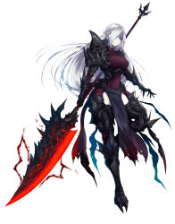 Rule 34 | 1girl, armor, artist request, beowulf (taimanin asagi), black armor, black gloves, blue pupils, closed mouth, electricity, glaive (polearm), gloves, glowing, glowing weapon, greaves, grey background, grey hair, hair over one eye, highres, holding, holding polearm, holding weapon, long hair, pale skin, pauldrons, pointy ears, polearm, red eyes, shoulder armor, simple background, skull, solo, spikes, taimanin (series), taimanin rpgx, torn, torn clothes, turtleneck, vambraces, weapon