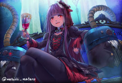 Rule 34 | 1girl, :d, black pantyhose, blunt bangs, crossed legs, cup, drink, drinking glass, flat chest, gothic lolita, indoors, lolita fashion, long hair, long sleeves, machinery, mataichi mataro, nail polish, open mouth, pantyhose, puffy long sleeves, puffy sleeves, red eyes, red nails, sitting, smile, solo, twitter username, wine glass