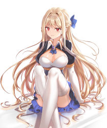 Rule 34 | 1girl, absurdres, blonde hair, breasts, character request, cleavage, hand on ground, highres, honkai (series), honkai impact 3rd, large breasts, lazy yuanying, long hair, red eyes, sitting, solo, thighhighs, thighs, white background