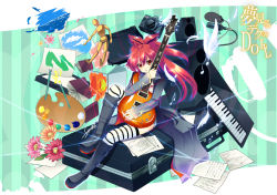 Rule 34 | 1girl, boots, child-box, cul, feathers, flower, guitar, instrument, keyboard (instrument), long hair, microphone, nail polish, paintbrush, ponytail, red eyes, red hair, solo, speaker, striped clothes, striped thighhighs, thighhighs, vocaloid