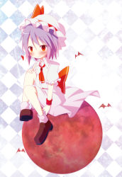 Rule 34 | 1girl, ascot, bat (animal), blush, bow, checkered background, hat, hat bow, highres, hinata ichi, light purple hair, moon, red eyes, red moon, remilia scarlet, sitting, solo, touhou