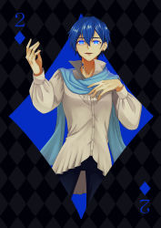 Rule 34 | 1boy, absurdres, blue eyes, blue hair, card, glowing, glowing eyes, hands up, highres, hitobashira alice (vocaloid), kaito (vocaloid), male focus, sassan x, scarf, smile, solo, two of diamonds, vocaloid