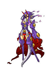 Rule 34 | 1girl, aged up, black sclera, boots, breasts, cleavage, cleavage cutout, clothing cutout, colored sclera, colored skin, desco (disgaea), disgaea, earrings, full body, gloves, horns, jewelry, large breasts, long hair, makai senki disgaea 4, monster girl, multicolored hair, oversized limbs, pink hair, pointy ears, purple footwear, purple hair, red eyes, simple background, solo, squemezzo, standing, tail, thigh boots, thighhighs, waist cape, white background, yellow skin