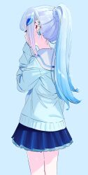 Rule 34 | 1girl, bad id, bad twitter id, blue cardigan, blue hair, blue skirt, cardigan, cowboy shot, earrings, from behind, hand up, highres, jewelry, kerorira, lize helesta, lize helesta (4th costume), long hair, long sleeves, multicolored hair, nijisanji, official alternate costume, pleated skirt, ponytail, sailor collar, simple background, skirt, sleeves past wrists, solo, standing, streaked hair, virtual youtuber, white hair, white sailor collar