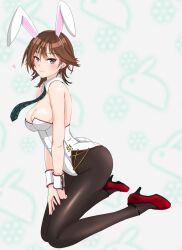 Rule 34 | 1girl, alternate costume, animal ears, bare shoulders, blue eyes, blush, breasts, brown hair, detached collar, fake animal ears, green necktie, hands on another&#039;s waist, hiei (kancolle), high heels, highres, kantai collection, kneeling, large breasts, leotard, looking at viewer, medium breasts, necktie, nitamako (sakamalh), pantyhose, playboy bunny, rabbit ears, rabbit tail, red footwear, short hair, smile, solo, tail, white background, wrist cuffs