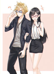 Rule 34 | 1boy, 1girl, ?, absurdres, arm grab, bare legs, bare shoulders, black hair, black pants, black skirt, blonde hair, blue-framed eyewear, casual, closed eyes, closed mouth, cloud strife, couple, earrings, final fantasy, final fantasy vii, final fantasy vii remake, glasses, hand on another&#039;s arm, hand up, highres, jacket, jewelry, laughing, long hair, miniskirt, mizuamememe, open clothes, open jacket, open mouth, pants, popped collar, red-framed eyewear, semi-rimless eyewear, shirt, single earring, skirt, sleeveless, sleeveless shirt, spiked hair, square enix, swept bangs, teeth, tifa lockhart, upper teeth only, v-neck