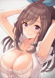 Rule 34 | 1girl, anza tomo, armpits, blue bow, blush, bow, bra, breasts, brown hair, cleavage, closed mouth, collarbone, collared shirt, frilled bra, frills, hair bow, highres, idolmaster, idolmaster shiny colors, large breasts, long hair, looking at viewer, open clothes, open shirt, ponytail, purple eyes, ribbon, shirt, smile, solo, tsukioka kogane, underwear, upper body, white bra