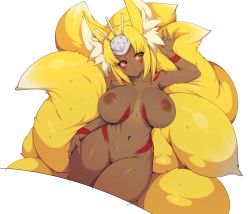 Rule 34 | 1girl, absurdres, animal ear fluff, animal ears, blonde hair, breasts, breasts apart, collarbone, commentary, completely nude, dark-skinned female, dark skin, english commentary, fox ears, fox tail, headpiece, highres, large breasts, looking to the side, multiple tails, navel, nipples, nude, original, red eyes, short hair, simple background, slugbox, solo, tail, tattoo, thighs, white background
