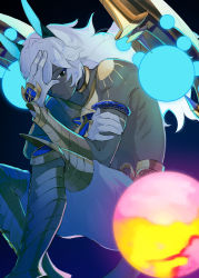 Rule 34 | 1boy, arjuna (fate), arjuna alter (fate), armor, black eyes, collar, dark-skinned male, dark skin, fate/grand order, fate (series), gloves, glowing, glowing weapon, hair between eyes, hand on own head, hand up, highres, holding, horns, jewelry, long hair, looking at viewer, male focus, necklace, orb, pants, rozu ki, simple background, sitting, solo, tail, topless male, vambraces, weapon, white hair