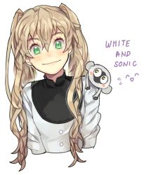 Rule 34 | 1girl, blonde hair, green eyes, kekkai sensen, long hair, simple background, smile, sonic speed monkey, twintails, white (kekkai sensen)