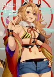 Rule 34 | 1girl, 2022, ahoge, animal ears, asazuke25, bare shoulders, belt, bikini, black bikini, blush, breasts, cleavage, cowboy shot, cutoffs, egasumi, fangs, hand on own hip, highres, japanese clothes, kimono, large breasts, long hair, looking at viewer, mole, mole on stomach, mole under eye, multicolored hair, nail polish, navel, off shoulder, open mouth, original, red eyes, red kimono, red nails, salute, short shorts, shorts, smile, streaked hair, swimsuit, tail, teeth, tiger ears, tiger girl, tiger tail, translation request, upper teeth only