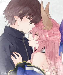 Rule 34 | 1boy, 1girl, alternate hairstyle, animal ear fluff, animal ears, artist name, back, bare shoulders, blue bow, blue kimono, blush, bow, breasts, brown hair, closed eyes, closed mouth, commentary request, detached collar, detached sleeves, eyelashes, fate/extra, fate/extra ccc, fate (series), fingernails, fox ears, fox girl, hair between eyes, hair bow, hand on another&#039;s back, hand on another&#039;s chest, hetero, hug, japanese clothes, kimono, kishinami hakuno (male), large breasts, light smile, long hair, long sleeves, osakana (rrg0123), pink hair, sidelocks, tamamo (fate), tamamo no mae (fate/extra), tsukumihara academy uniform (fate/extra ccc), twitter username, upper body