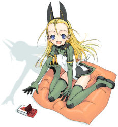 Rule 34 | 00s, 1girl, :d, ahoge, animal ears, arm support, blonde hair, blue eyes, blush, boots, cushion, elise von dietrich, fake animal ears, fang, flat chest, food, from above, full body, gloves, green footwear, green thighhighs, hairband, happy, headgear, leotard, long hair, looking at viewer, motionslit, open mouth, pillow, pilot suit, reaching, satou atsuki, shadow, simple background, sitting, sky girls, smile, solo, tail, thigh boots, thighhighs, turtleneck, wariza