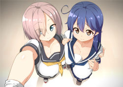 Rule 34 | 2girls, ahoge, asymmetrical docking, beige background, black skirt, blue eyes, blue hair, blue sailor collar, blue skirt, breast press, breasts, brown eyes, cleavage, closed mouth, collarbone, foreshortening, from above, grey sailor collar, hair between eyes, hair over one eye, hamakaze (kancolle), hand on another&#039;s shoulder, hand on own chest, huge breasts, kantai collection, long hair, looking at viewer, medium hair, multiple girls, neckerchief, outstretched arm, sailor collar, school uniform, selfie, serafuku, shirt, shoes, short sleeves, silver hair, simple background, skirt, smile, thighhighs, toudori, ushio (kancolle), white shirt