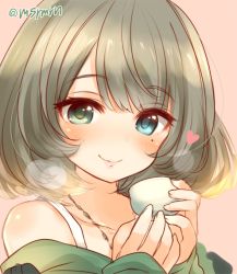 Rule 34 | 1girl, bad id, bad pixiv id, bare shoulders, blue eyes, blush, choko (cup), closed mouth, collarbone, cup, green eyes, green hair, green shirt, heart, heterochromia, holding, holding cup, idolmaster, idolmaster cinderella girls, jewelry, long sleeves, looking at viewer, mashiro miru, mole, mole under eye, necklace, off-shoulder shirt, off shoulder, pink background, shirt, short hair, simple background, sleeves past wrists, smile, solo, takagaki kaede, twitter username, two-handed