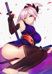 Rule 34 | 1girl, armpits, ass, bare shoulders, barefoot, between legs, black thighhighs, blue eyes, breasts, commentary request, dual wielding, elbow gloves, fate/grand order, fate (series), fingerless gloves, folded ponytail, gloves, holding, japanese clothes, kameponde, katana, kimono, large breasts, legs, looking at viewer, lying, miyamoto musashi (fate), miyamoto musashi (first ascension) (fate), no panties, obi, on side, one eye closed, ponytail, sash, short kimono, smile, solo, sword, thighhighs, thighs, toeless legwear, toes, weapon