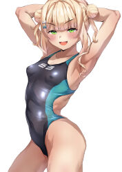 Rule 34 | 1girl, armpits, black one-piece swimsuit, blonde hair, breasts, competition swimsuit, cowboy shot, double bun, eyebrows hidden by hair, green eyes, hair bun, highres, kaburaki roco, medium hair, nijisanji, one-piece swimsuit, presenting armpit, shoshika8888888, simple background, small breasts, smile, solo, swimsuit, two-tone swimsuit, virtual youtuber, white background
