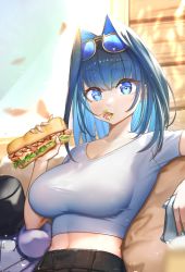 Rule 34 | 1girl, blue eyes, blue hair, breasts, crop top, day, eating, eyewear on head, food, food in mouth, hair intakes, highres, holding, holding food, hololive, hololive english, large breasts, looking at viewer, monkey1468, ouro kronii, sandwiched, shirt, short sleeves, solo, sunglasses, upper body, virtual youtuber, white shirt