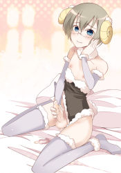 Rule 34 | 1boy, :3, androgynous, animal costume, bed sheet, blush, censored, clothing aside, crossdressing, cum, detached sleeves, erection, glasses, hand on own cheek, hand on own face, highres, horns, kinta (kinta no mousou), leotard, leotard aside, looking at viewer, male focus, male masturbation, masturbation, mosaic censoring, nipples, original, penis, pillow, sheep costume, sheep horns, sitting, smile, solo, testicles, thighhighs, trap, wariza