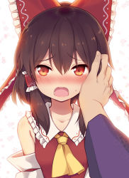 Rule 34 | 1boy, 1girl, ascot, bad hands, black hair, blush, bow, collarbone, detached sleeves, hair between eyes, hair bow, hair tubes, hakurei reimu, hand on another&#039;s cheek, hand on another&#039;s face, long hair, long sleeves, looking at viewer, minamura haruki, open mouth, pov, red bow, red eyes, sidelocks, solo focus, touhou, upper body, vest