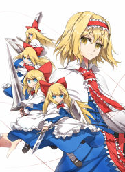 Rule 34 | 1girl, alice margatroid, apron, black footwear, blonde hair, blue dress, blue eyes, blush, bow, capelet, colored eyelashes, covered mouth, dress, expressionless, frilled apron, frills, hair between eyes, hair bow, holding, holding shield, holding sword, holding weapon, htangt, jewelry, lance, long hair, looking at viewer, looking to the side, polearm, puppet rings, ring, shanghai doll, shield, shoes, short hair, simple background, smile, solo, sword, thread, touhou, very long hair, waist apron, weapon, white background, yellow eyes