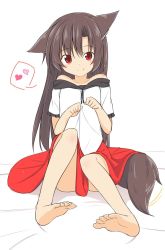 Rule 34 | 1girl, animal ears, bad id, bad twitter id, barefoot, brown hair, dress, fang, fang out, feet, frilled sleeves, frills, full body, heart, highres, imaizumi kagerou, kazawa (tonzura-d), long hair, off shoulder, red eyes, short sleeves, sitting, smile, solo, spoken heart, tail, tail wagging, touhou, wolf ears, wolf tail