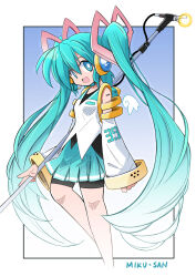 Rule 34 | 1girl, :d, barcode, barcode tattoo, black bodysuit, blue eyes, blue hair, blue skirt, bodysuit, bodysuit under clothes, bright pupils, character name, detached sleeves, hair between eyes, hatsune miku, headphones, highres, light blue hair, long hair, long sleeves, microphone, miniskirt, name tag, open mouth, pleated skirt, rascal (feuille), shirt, shoulder tattoo, single horizontal stripe, skirt, smile, solo, tattoo, twintails, very long hair, vocaloid, white pupils, white shirt, white sleeves
