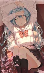 Rule 34 | 1girl, ahoge, arms up, black socks, black skirt, blue hair, bow, flower, from above, green eyes, hatsune miku, highres, kneehighs, levi9452, long hair, looking at viewer, lying, miniskirt, on back, one eye closed, parted lips, pillow, pink flower, pleated skirt, red bow, red neckwear, school uniform, shirt, skirt, socks, solo, twintails, uniform, vocaloid, white shirt