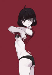 Rule 34 | 1girl, absurdres, ass, bad id, bad pixiv id, bite mark, black eyes, black hair, black panties, blunt bangs, bob cut, boridongja, breasts, check copyright, clothes lift, copyright request, cowboy shot, cross pasties, from side, highres, lifting own clothes, midriff, mole, mole on breast, navel, no nose, original, pale skin, panties, pasties, red background, red shirt, shirt, shirt lift, short hair, short sleeves, signature, simple background, small breasts, smile, solo, underwear