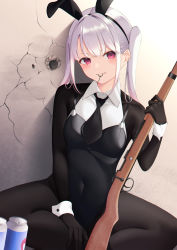 Rule 34 | 1girl, animal ears, bad id, bad pixiv id, black gloves, black necktie, black pantyhose, blush, breasts, can, closed mouth, collared shirt, commentary request, covered navel, fake animal ears, gloves, gun, highres, holding, holding gun, holding weapon, indian style, leotard, long hair, long sleeves, looking at viewer, mouth hold, necktie, pantyhose, pink eyes, playboy bunny, playerunknown&#039;s battlegrounds, rabbit ears, rifle, shirafuji ene, shirt, short necktie, sitting, smile, solo, twintails, weapon, wing collar, wrist cuffs