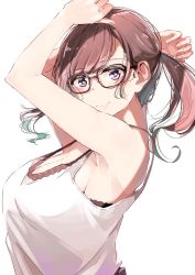Rule 34 | 1girl, armpits, arms up, breasts, brown hair, cleavage, closed mouth, commentary request, gradient hair, green hair, highres, looking at viewer, medium breasts, multicolored hair, nyoijizai, original, purple eyes, shirt, sideboob, simple background, smile, solo, twintails, two-tone hair, upper body, white background, white shirt