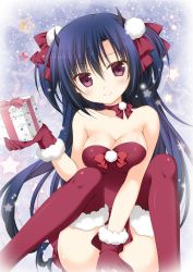 Rule 34 | 10s, 1girl, alice or alice, between legs, blue hair, blush, bow, box, breasts, choker, cleavage, collarbone, floating hair, fur trim, gift, gift box, gloves, hair between eyes, hair bow, hair ornament, hand between legs, head tilt, highres, holding, holding bow (ornament), horns, korie riko, long hair, looking at viewer, medium breasts, miniskirt, red bow, red eyes, red gloves, red ribbon, red skirt, ribbon, ribbon choker, santa costume, santa gloves, shiny clothes, shiny skin, sitting, skirt, smile, solo, star (symbol), strapless, thighhighs, twintails, very long hair, yamiri (alice or alice)