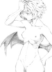 Rule 34 | 1girl, breasts, collarbone, female focus, female pubic hair, greyscale, hand on own hip, hip focus, monochrome, nipples, no headwear, nude, pointy ears, pubic hair, remilia scarlet, short hair, simple background, small breasts, solo, takeuma, touhou, white background, wings