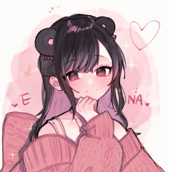 Rule 34 | 1girl, animal ears, bear ears, blush, brown eyes, brown hair, collarbone, hand on own chin, heart, highres, jewelry, long hair, long sleeves, looking at viewer, necklace, official alternate hairstyle, pink theme, project sekai, ribbon, shinonome ena, simple background, smile, spaghetti strap, sweater, user etvz2745