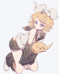 Rule 34 | 1girl, black sailor collar, black shorts, blonde hair, blue eyes, crop top, detached sleeves, full body, hair ribbon, hairpin, highres, kagamine rin, kneeling, looking to the side, multiple hairpins, page59, ribbon, sailor collar, shirt, short hair, shorts, sketch, solo, vocaloid, white background, white ribbon, white shirt, yellow nails