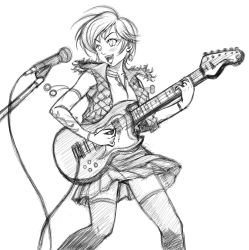 Rule 34 | 1girl, alternate costume, bad id, bad pixiv id, detached sleeves, earrings, eileen, electric guitar, greyscale, guitar, highres, instrument, jewelry, microphone, microphone stand, miniskirt, monochrome, open clothes, open mouth, open vest, short hair, skirt, tal yuji, thighhighs, vest, virtua fighter, virtua fighter 5, virtua fighter 5: final showdown