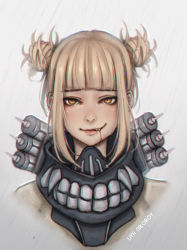 Rule 34 | 1girl, absurdres, artist name, blonde hair, blood, blood from mouth, blunt bangs, boku no hero academia, cropped torso, double bun, fangs, fangs out, hair bun, highres, liya nikorov, looking at viewer, portrait, short hair, sidelocks, slit pupils, solo, toga himiko, upper body, yellow eyes